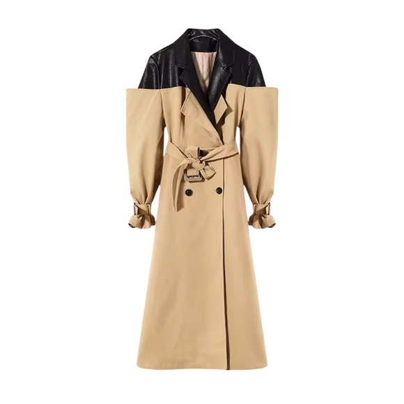 Jackets & Blazers - Beige Trench Coat with Black Leather Collar - Women